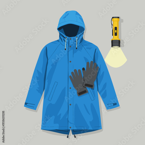 A blue hooded raincoat, a pair of grey gloves, and a yellow flashlight are laid out on a plain grey background.