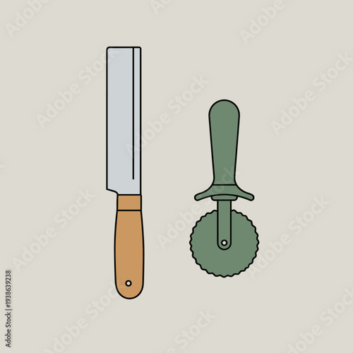 Illustration of a rectangular dough cutter and a green pizza wheel on a light background.