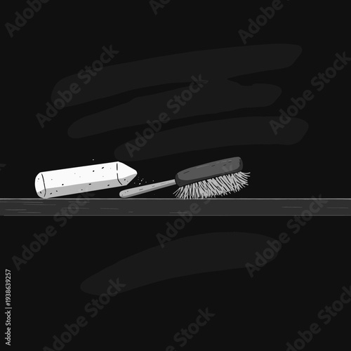 A piece of white chalk and a brush eraser resting on a dark chalkboard surface with faint smudges.