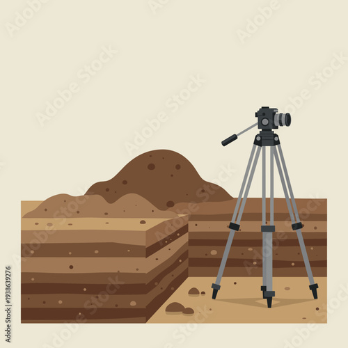 Illustration of an archaeological or geological excavation site with layered soil and a surveying tripod for scientific study.