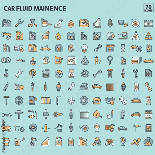 A comprehensive collection of 70 car fluid maintenance and automotive repair icons, featuring tools, parts, and various vehicle-related elements on a light blue background.