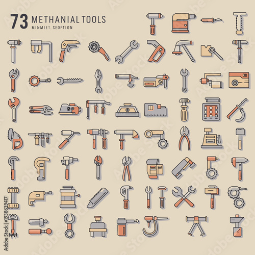 A comprehensive collection of 73 mechanical and hand tools presented as flat design icons on a beige background.