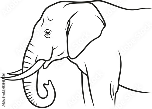 A minimalist black and white line drawing depicts the side profile of an african elephant