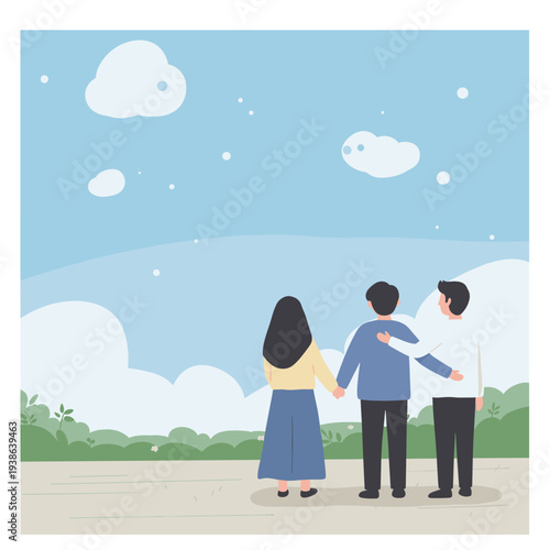 Three friends or family members standing together, holding hands and embracing, looking at a peaceful sky with clouds and stars.