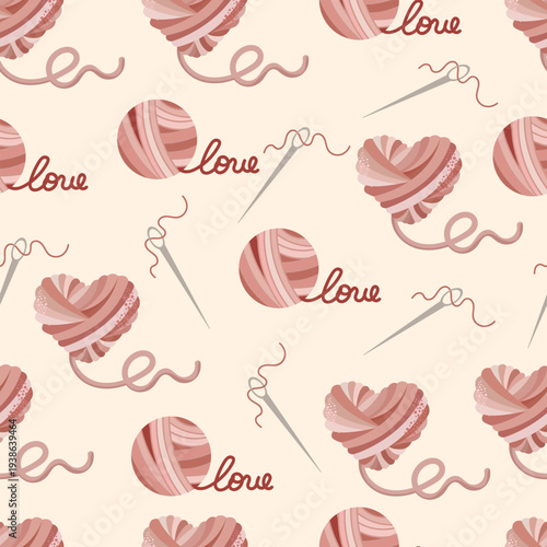 Valentine knitting seamless pattern with yarn heart and needles