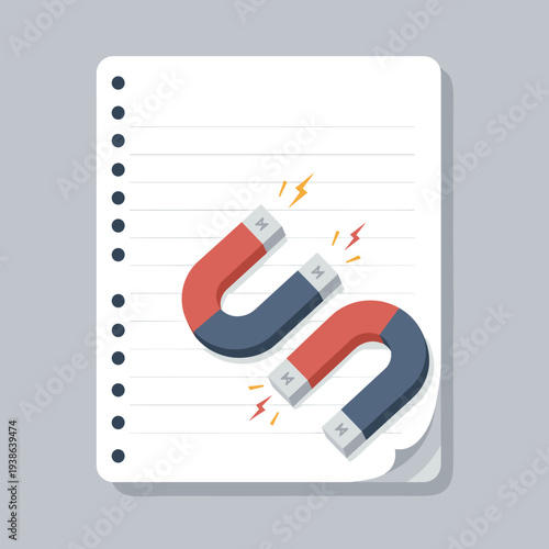 Two U-shaped magnets with red and blue poles on a piece of lined notebook paper, illustrating magnetic force.