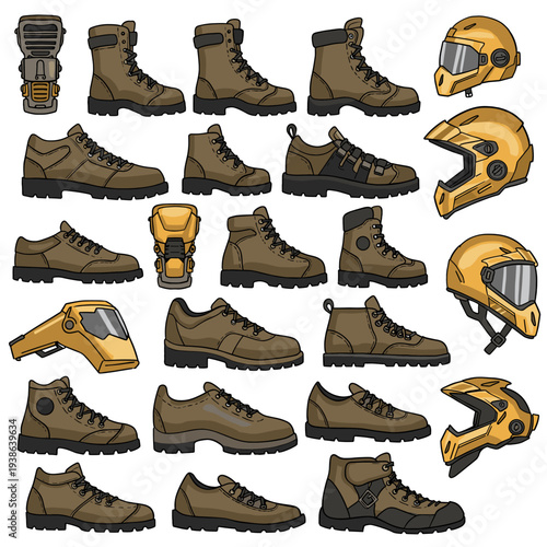 A collection of various brown boots, shoes, and yellow protective helmets and gear.
