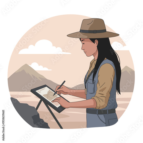 An illustration of a woman wearing a hat and vest, drawing on a digital tablet with a stylus in a desert landscape with mountains.