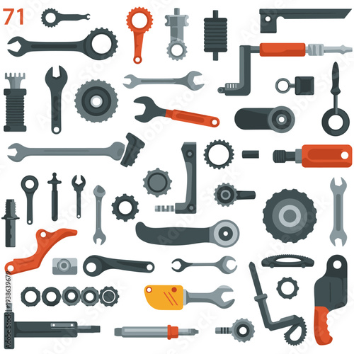 A diverse collection of bicycle repair tools and components, including wrenches, gears, and specialized tools for maintenance and assembly.
