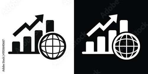 Bar graph with rising arrow and a globe icon. Symbolizes international business expansion, global market trends, worldwide economic growth, and global trade statistics analysis.