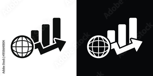 Bar graph with rising arrow and a globe icon. Symbolizes international business expansion, global market trends, worldwide economic growth, and global trade statistics analysis.