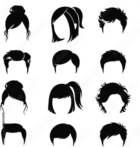 Collection of Black Hair Styles and Haircuts Silhouettes Vector Illustration