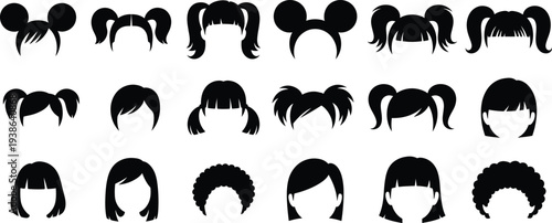 Set of diverse black vector cartoon hairstyles silhouettes for female characters and avatars, isolated