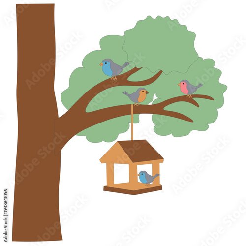 Tree with Bird Feeder and Birds Cute Nature Vector Illustration