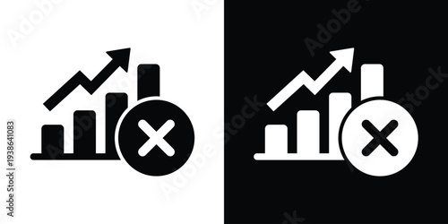 Statistical bar chart with an upward arrow and a "cancel" or "X" mark. Represents failed growth, rejected data, negative performance results, or business target errors.