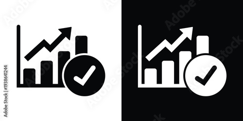 Business bar graph with a rising arrow and a checkmark icon. Symbolizes verified success, approved growth targets, validated data, and positive performance results achievement.