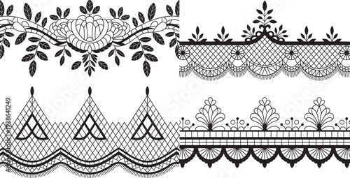 Intricate lace borders, floral patterns, and ornate designs on white background