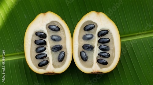 Exotic Fruit’s Delicate Reveal: The cross-section unveils the exquisite details of the fruit, its seed, showcasing the intricate beauty of the natural world, resting on a verdant leaf. 