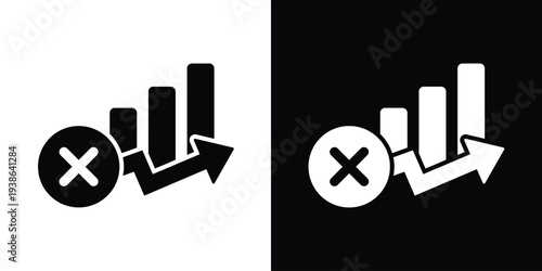Statistical bar chart with an upward arrow and a "cancel" or "X" mark. Represents failed growth, rejected data, negative performance results, or business target errors.
