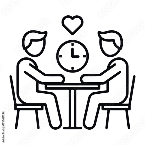 Couple sitting at table with clock and heart symbol