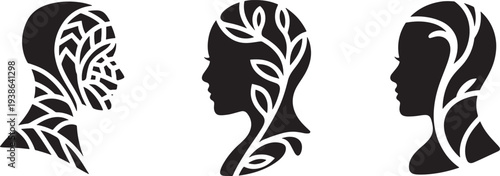 Three human silhouettes with leafy vines growing out of heads, symbolizing growth and harmony with nature