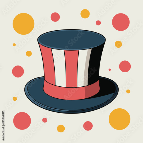 A patriotic Uncle Sam top hat with colorful polka dots floats in the air.
