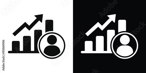 Business growth chart with rising arrow and user profile icon. Vector illustration symbolizing professional career development, personal success, and individual performance tracking.