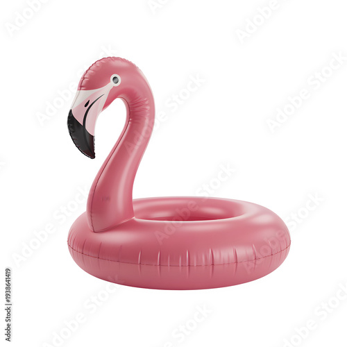A pink inflatable flamingo pool float on a black background