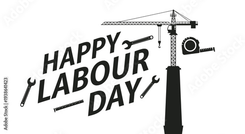 Labour Day icon with tools and crane vector
