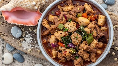 Sizzling culinary masterpiece: a culinary journey that tantalizes the taste buds, a visual feast showcasing a meticulously crafted dish, surrounded by shell and stones.