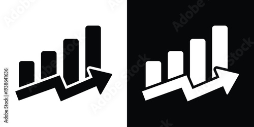 Professional bar chart with a jagged upward arrow. Symbolizes economic recovery, stock market success, business development, and hitting financial targets. Vector graphic for reports.