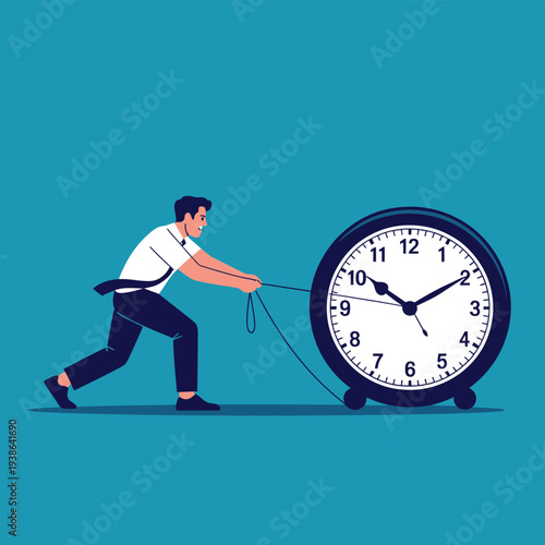 A determined person pulls a large clock, symbolizing the struggle against time.