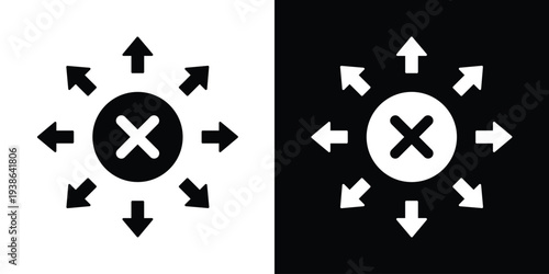 A cross symbol inside a circle with outward arrows, representing error reporting, failed distribution, cancellation propagation, and system alert dissemination.