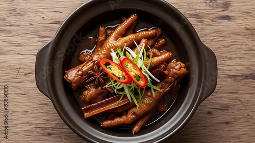 Braised Chicken Feet: A close-up shot presents a delightful dish of braised chicken feet, cooked to perfection and garnished with fresh herbs and spices, showcasing culinary excellence.