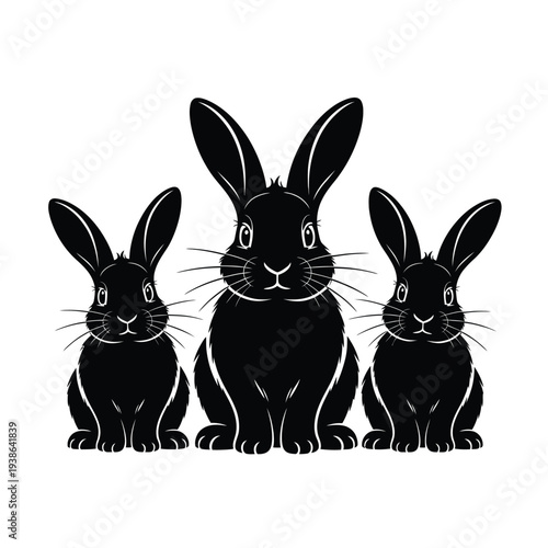 Three black rabbits are sitting together on a white background.