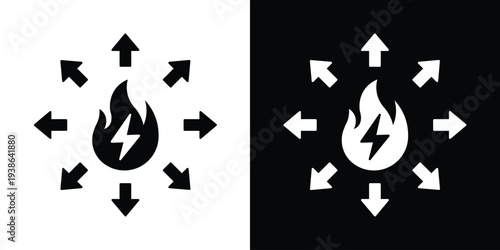 Creative icon combining a flame and lightning bolt with radial arrows, depicting power distribution, energy dissemination, heat propagation, and electrical grid spreading.