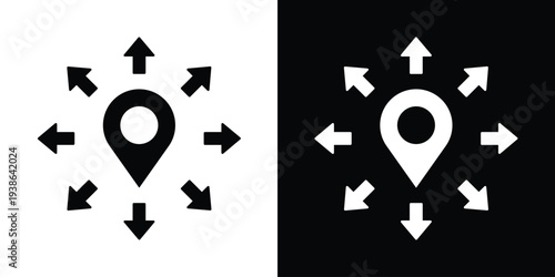 Minimalist map pin location icon with multi-directional arrows, symbolizing global positioning, logistics hubs, destination routing, and local business outreach.