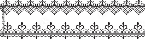 Black lace trim patterns on white background, elegant ornamental borders