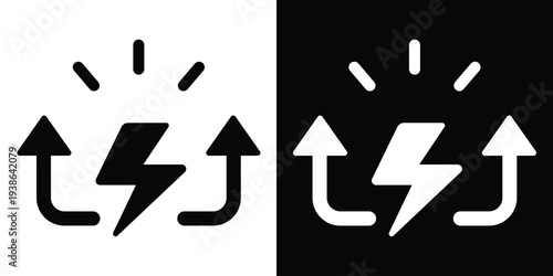 Lightning bolt icon with upward-pointing arrows and radiation lines, representing a power surge, electrical boost, high voltage increase, and energy charging progress.