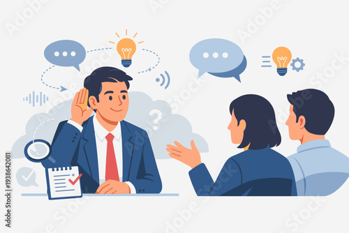 Active listening communication skill for job effectiveness, businessman processing information from colleagues with focus, engagement and awareness in a professional office meeting vector.