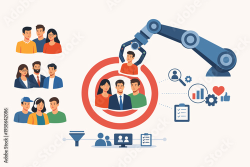 Automated Marketing Target Audience Selection and Customer Segmentation Concept with Robotic Arm Picking Ideal Client from Group for CRM Strategy, Data Analysis, and Business Growth Illustration