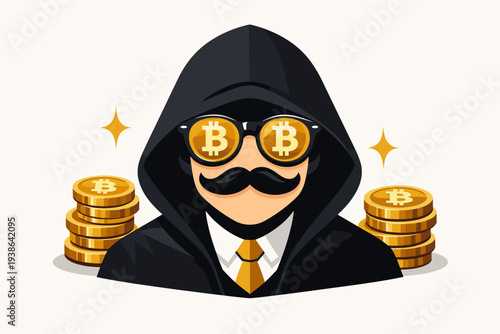 Vector illustration of an anonymous Bitcoin whale or crypto trading guru in a black hoodie and glasses with BTC symbols, surrounded by gold coin stacks, symbolizing cryptocurrency investment success