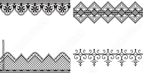 ornate lace borders, intricate designs, black and white patterns, decorative elements