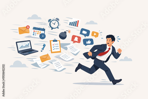Overwhelmed Stressed Businessman Running Away from Information Overload, Digital Distractions, and Work Burnout, Employee Facing Deadline Pressure, Excessive Tasks, and Busy Office Schedule