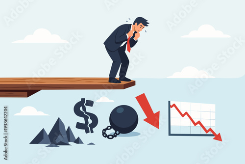 Anxious Businessman Standing on the Edge of a Wooden Plank Looking Down at Economic Crisis Symbols Like a Broken Dollar Sign, Ball and Chain, and a Declining Stock Market Graph Representing Risk.