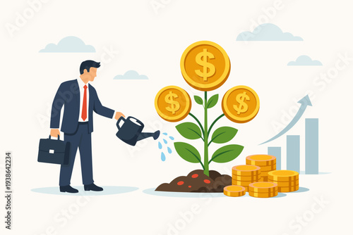Businessman watering a money tree with gold dollar coins for financial growth and investment. Concept of wealth creation, profit increase, retirement savings, pension fund, and business success.