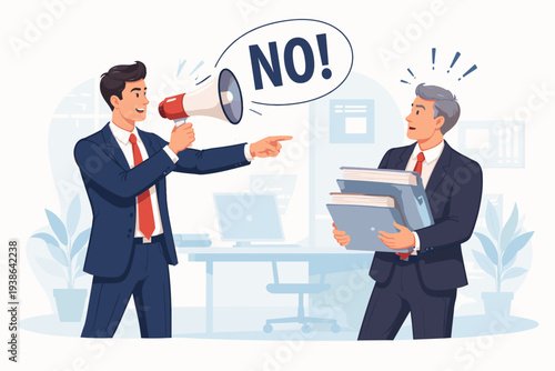 Businessman shouting no through a megaphone to a colleague carrying a stack of files, representing leadership skills, setting boundaries, workload management, and time management in an office.