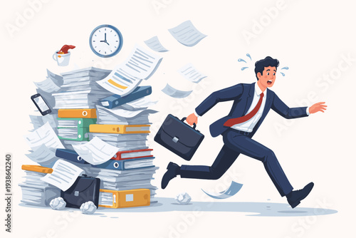 Overwhelmed businessman running away from a huge pile of paperwork and office documents, stressed employee escaping work overload, deadlines, and corporate pressure, vector illustration concept.