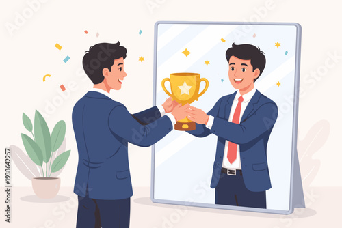 Successful Businessman Rewarding Himself with a Golden Trophy in Mirror Reflection, Concept of Self Motivation, Personal Achievement, Positive Mindset, Goal Accomplishment and Career Growth