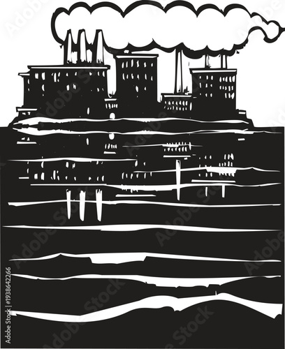 Woodcut style image of a factory by a lake with pollution  